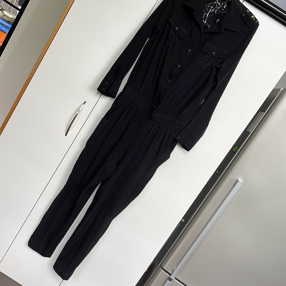 Black silk jumpsuit with elastic waist - Picture 3 of 10